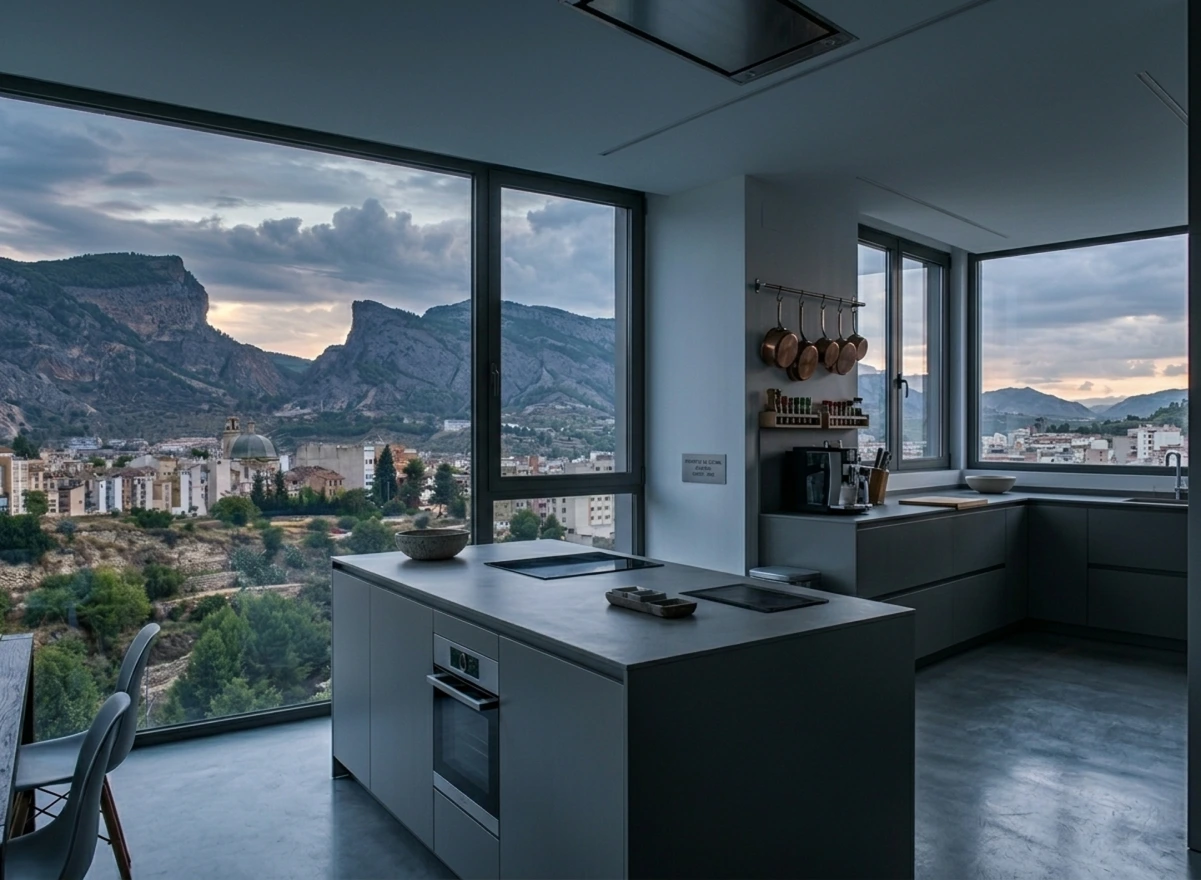 Reforma de cocina moderna en Alcoi con vistas a la montaña por Reformas Navarro